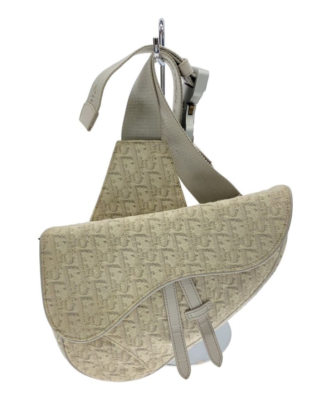 Christian Dior Oblique Saddle Bag Trotter Cobra Buckle Canvas Shoulder Bag Cream